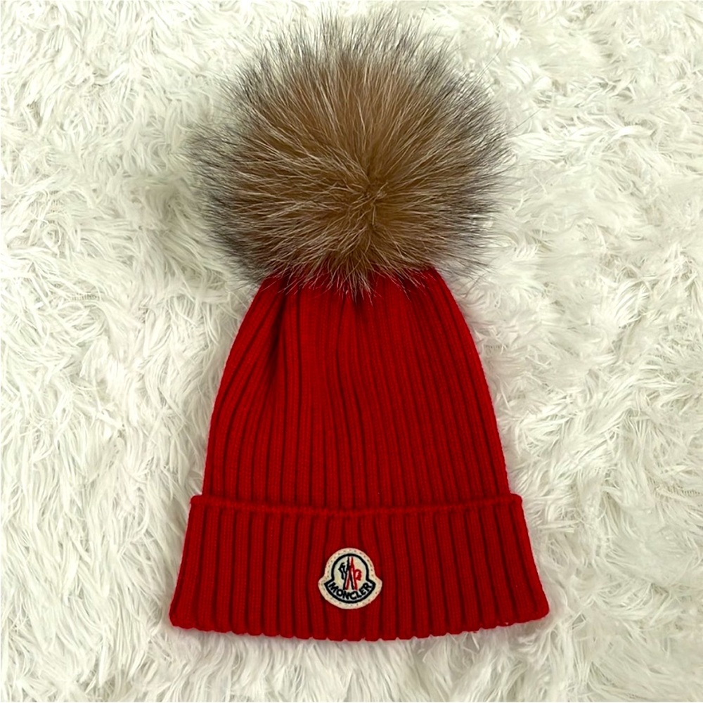 Moncler Red Rib Knit Fox Fur Pom Pom Beanie